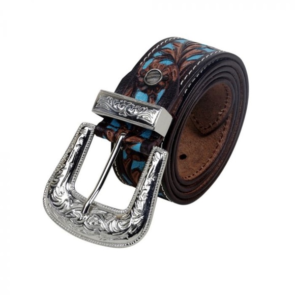 New Hand-tooled Leather Black silver buckle Turquoise Belt Myra Bag Western boho - Picture 5 of 5